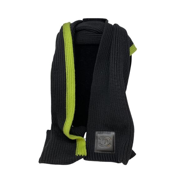 Chanel Chunky Sport Scarf Wool Silk Cashmere Black + Fluorescent Green - Picture 6 of 7